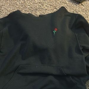 black hoodie with small rose, balrey worn